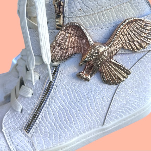 White Lizard Textured PU Leather Golden Eagle Side Zip Platform Sneakers (Sz 10) - Picture 5 of 11